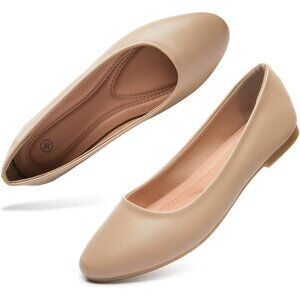 Women's Nude PU Leather Closed Toe Slip on Comfortable Ballet Flats Shoes